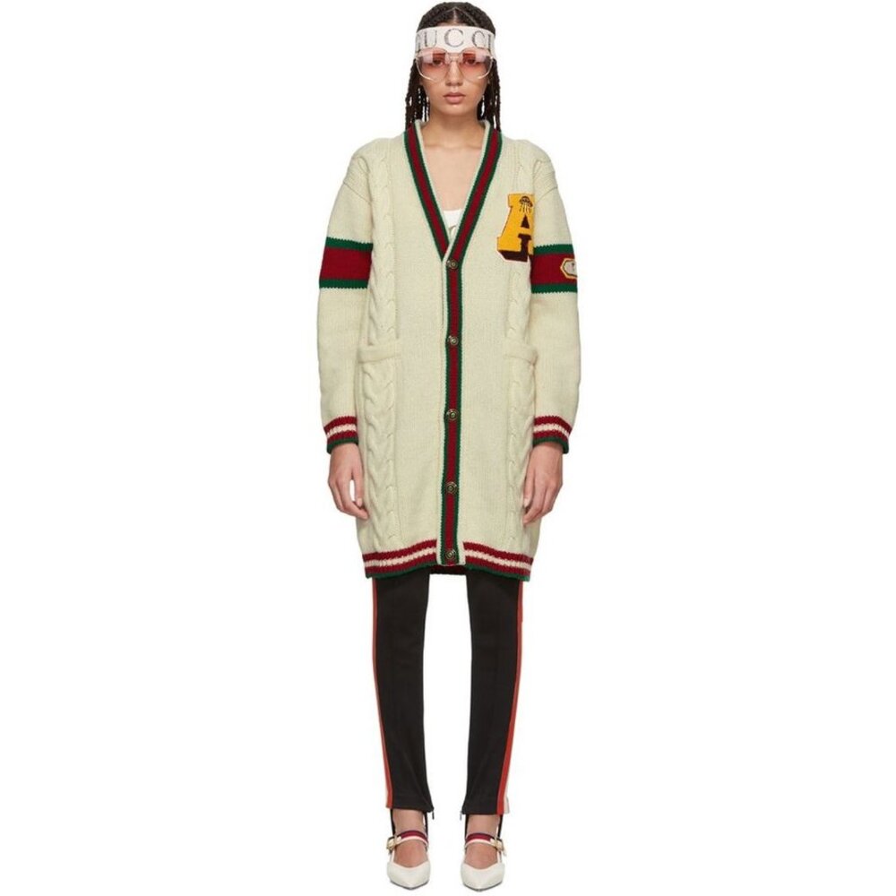 Gucci Embroidered Chunky Cable Knit Long Cardigan In White XS Small - Picture 3 of 5